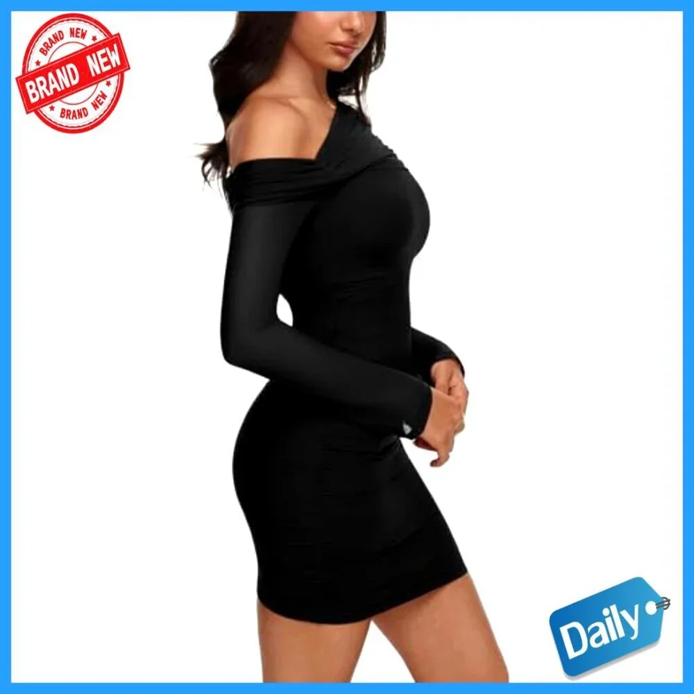 Sexy Off Shoulder Long Sleeve Ruched Bodycon Mini Dress Mesh Sheer Cocktail Club